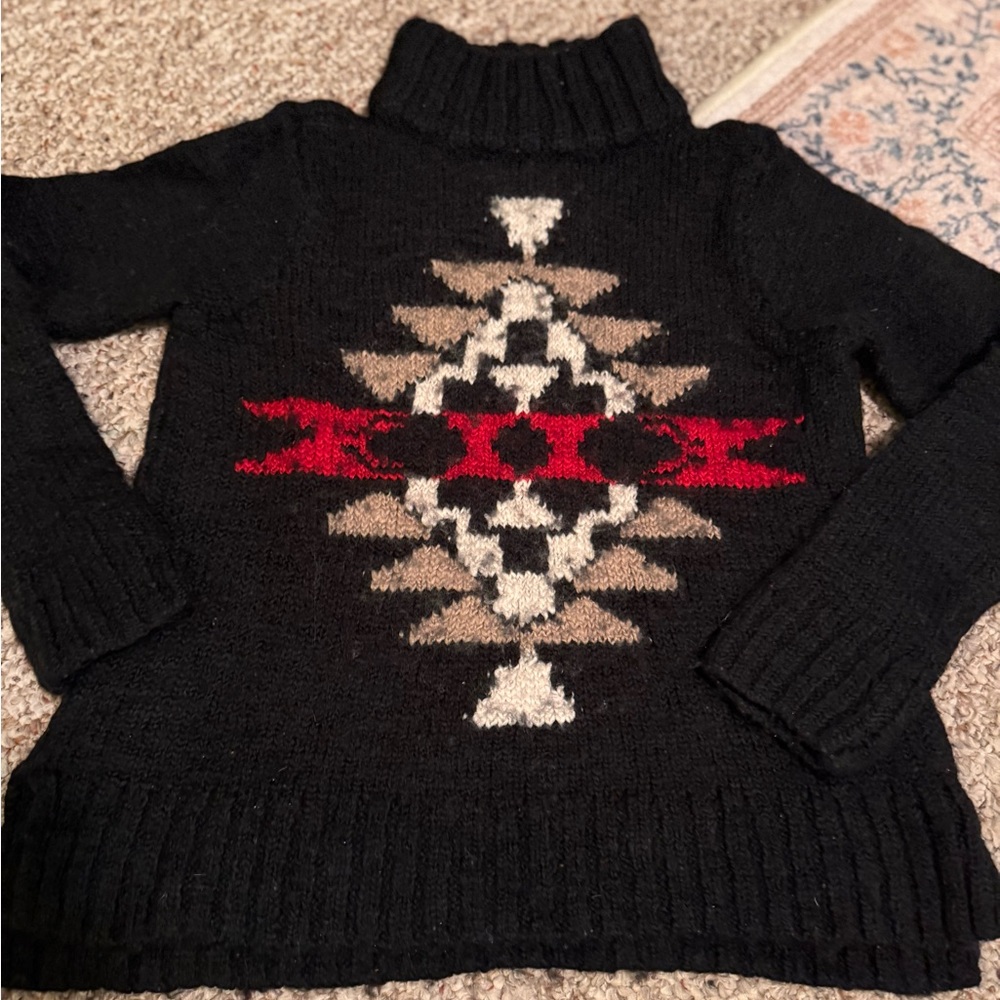 Classic Hollister Black Turtleneck Sweater with Red and Beige Pattern